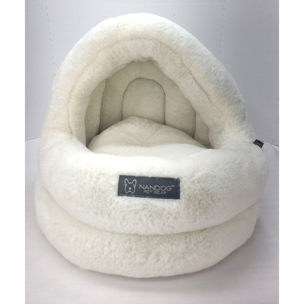 NANDOG Pet Gear Off White Plush Hooded Cat/Small Dog Cave Bed Removable Cushion